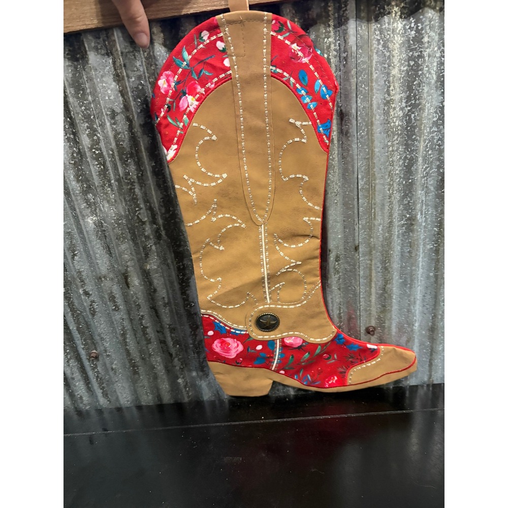 Pioneer‎ Woman Cowboy Boot Christmas Stocking Red Floral Embroidered Western